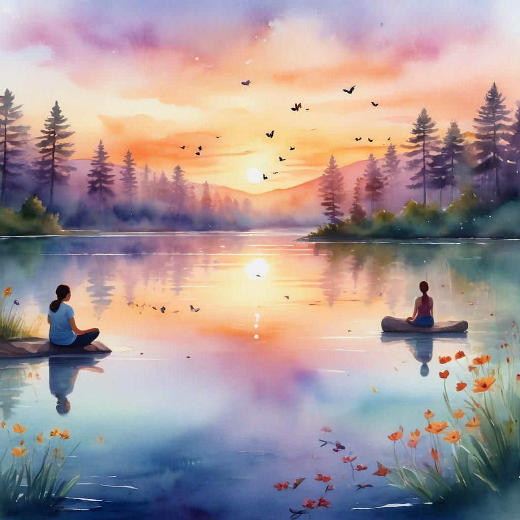 A serene landscape depicting a sunrise over a peaceful lake, symbolizing hope and new beginnings. In the foreground, diverse individuals of different ages are engaging in supportive activities like yoga and sharing stories, representing community and empowerment. Add soft, warm colors to evoke a sense of calm and resilience. Include subtle elements like butterflies and blooming flowers to symbolize growth and healing. watercolor style. vibrant colors.