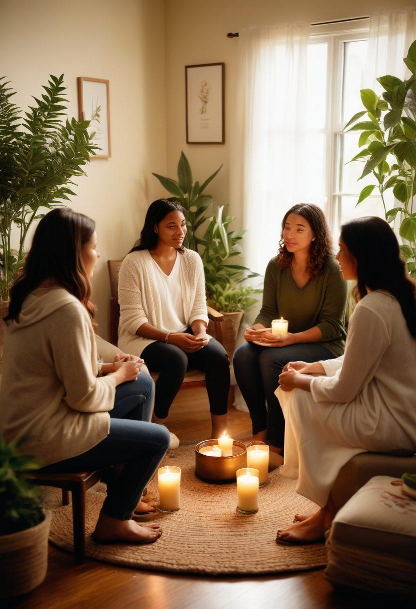 A warm and inviting scene of diverse individuals gathered in a cozy support group setting, sharing their stories and offering encouragement. Soft lighting enhances the atmosphere as they sit in a circle surrounded by plants and personal mementos symbolizing hope and healing. Add elements like comforting tea, journals, and candles to convey a sense of community. Super-realistic. warm tones. soft focus.