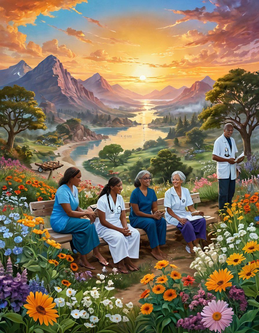 A serene landscape depicting a diverse group of people at various stages of health journeys, from diagnosis to thriving. Include symbols of hope and empowerment, like a sunrise and blooming flowers. Incorporate elements such as medical tools, healthy food, and supportive community interactions. Infuse a sense of transformation and positivity in the atmosphere. vibrant colors. super-realistic.